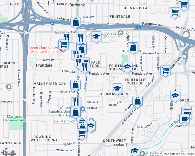 map of restaurants, bars, coffee shops, grocery stores, and more near 2065 Marlboro Court in San Jose