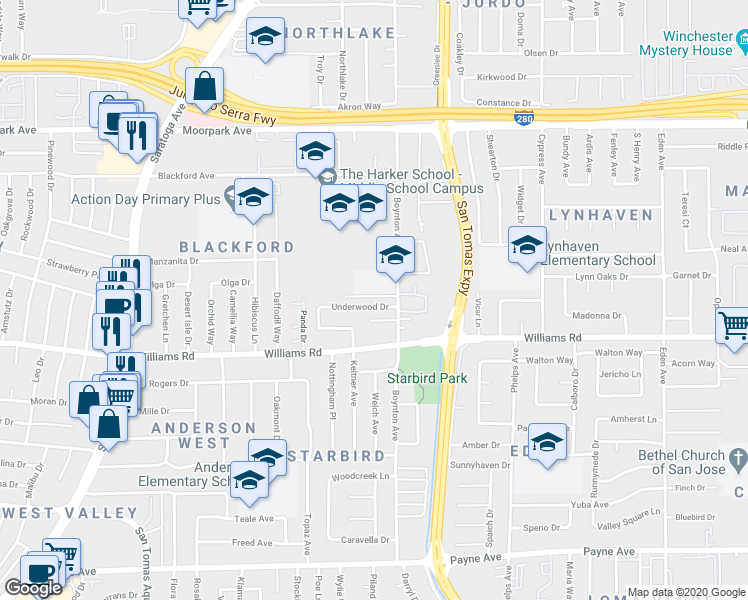 map of restaurants, bars, coffee shops, grocery stores, and more near 3712 Underwood Drive in San Jose