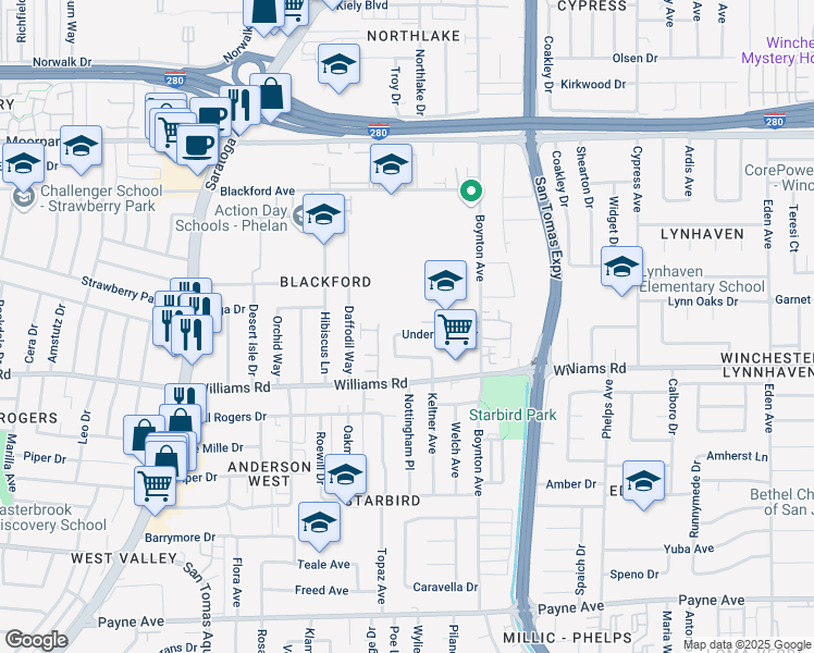 map of restaurants, bars, coffee shops, grocery stores, and more near 955 Temple Drive in San Jose