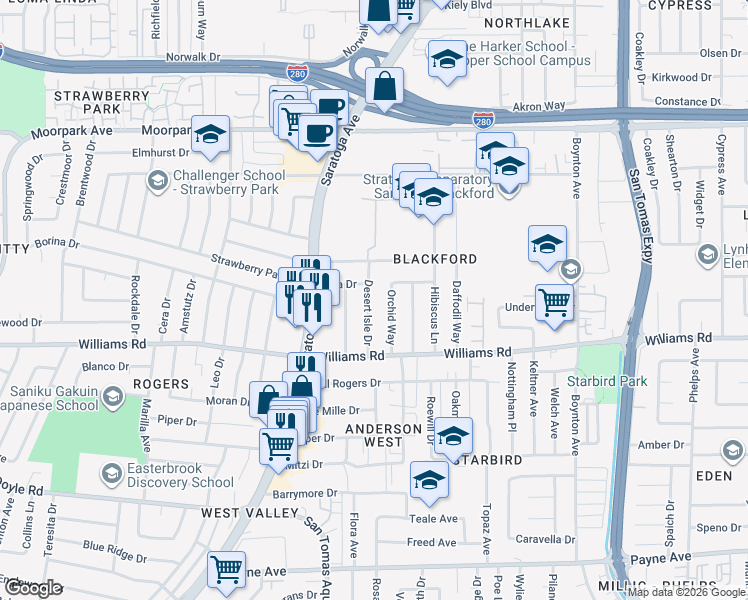 map of restaurants, bars, coffee shops, grocery stores, and more near 947 Orchid Way in San Jose