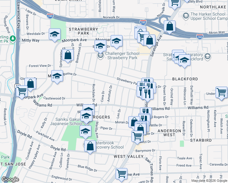 map of restaurants, bars, coffee shops, grocery stores, and more near 978 Pinewood Drive in San Jose