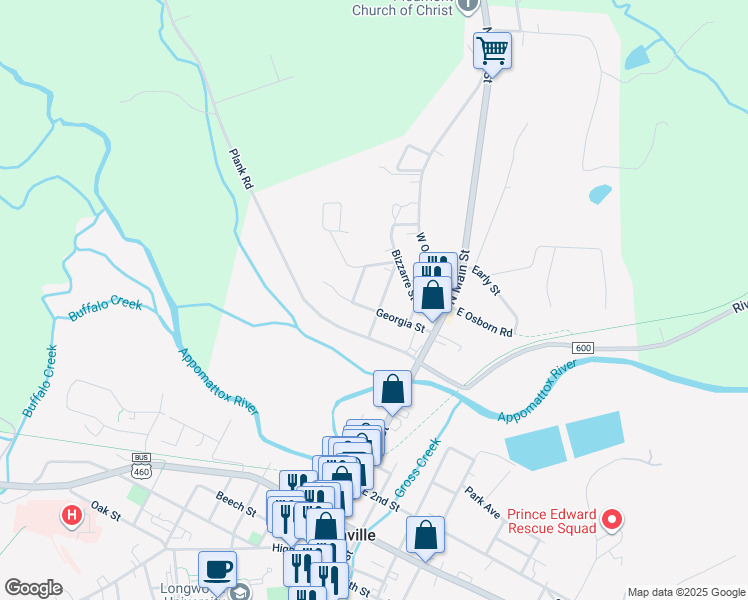 map of restaurants, bars, coffee shops, grocery stores, and more near 209 Georgia Street in Farmville