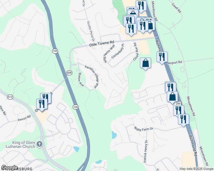 map of restaurants, bars, coffee shops, grocery stores, and more near 119 Massachusetts Court in Williamsburg