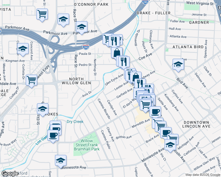 map of restaurants, bars, coffee shops, grocery stores, and more near 1014 Carolyn Avenue in San Jose