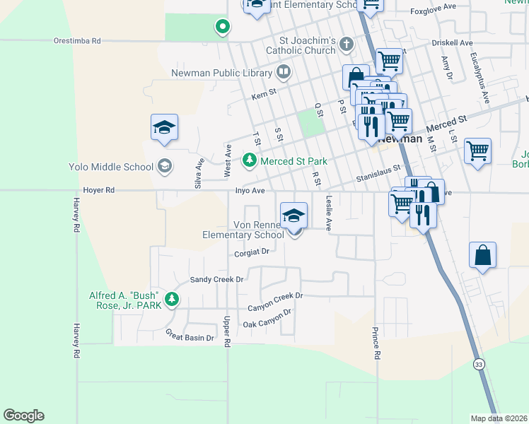map of restaurants, bars, coffee shops, grocery stores, and more near 1938 Taylor Avenue in Newman