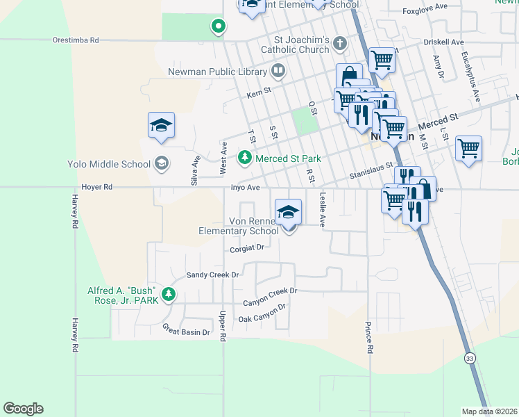map of restaurants, bars, coffee shops, grocery stores, and more near 1938 Taylor Avenue in Newman