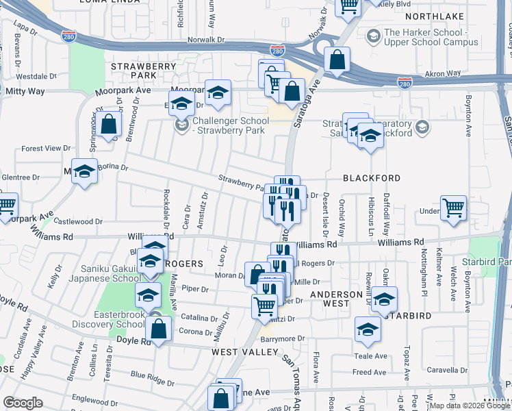 map of restaurants, bars, coffee shops, grocery stores, and more near 974 Sweet Avenue in San Jose