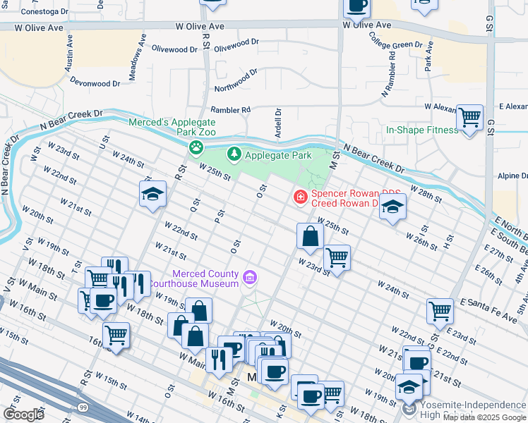 map of restaurants, bars, coffee shops, grocery stores, and more near 731 West Santa Fe Avenue in Merced