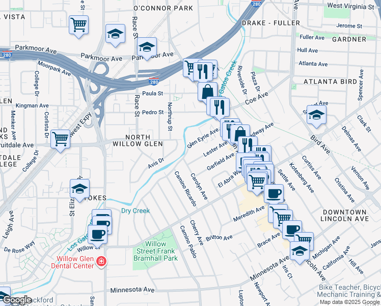 map of restaurants, bars, coffee shops, grocery stores, and more near 108 Glen Eyrie Avenue in San Jose