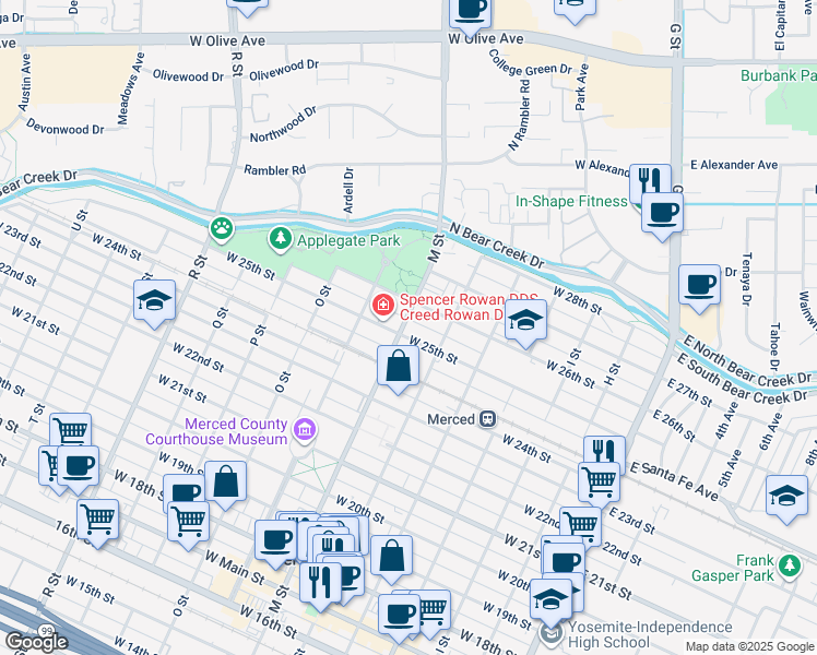 map of restaurants, bars, coffee shops, grocery stores, and more near 2510 M Street in Merced