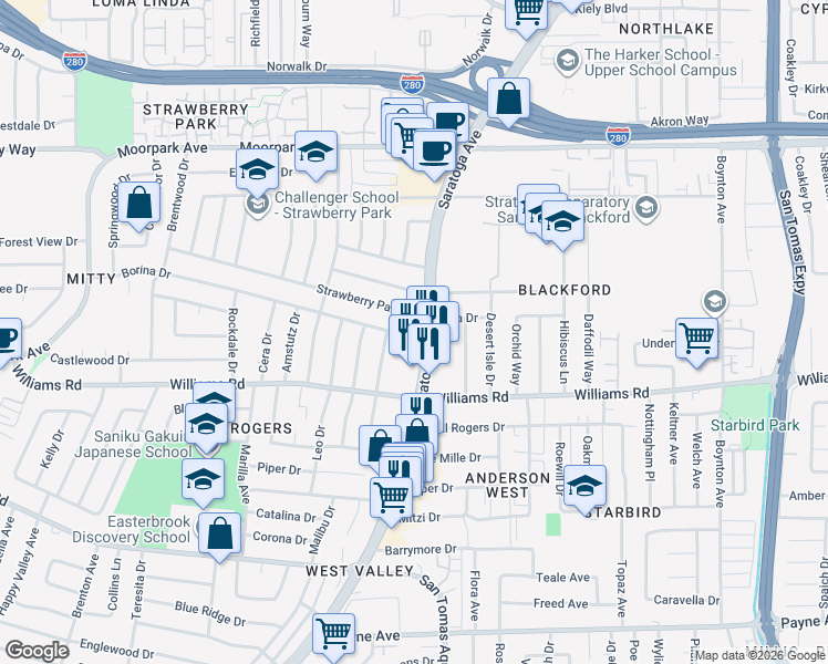 map of restaurants, bars, coffee shops, grocery stores, and more near 965 Saratoga Avenue in San Jose
