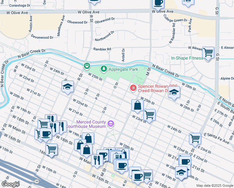 map of restaurants, bars, coffee shops, grocery stores, and more near 2341 N Street in Merced