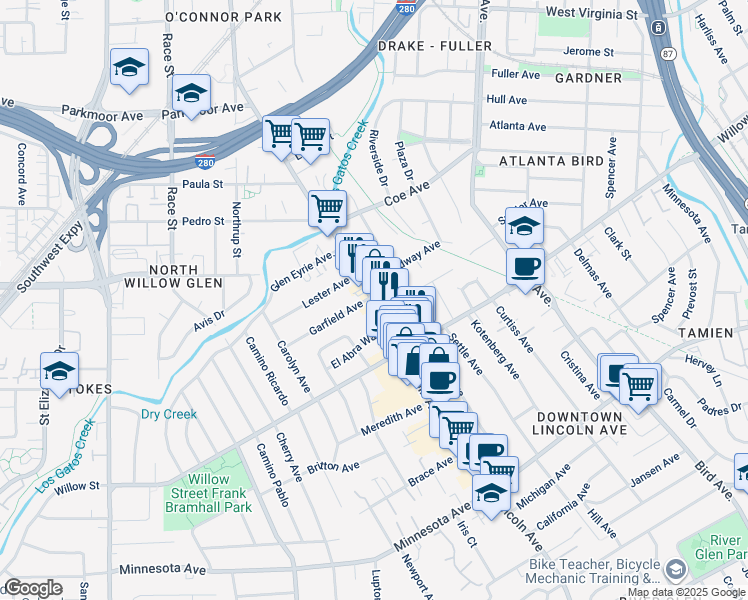 map of restaurants, bars, coffee shops, grocery stores, and more near 1083 Lincoln Avenue in San Jose