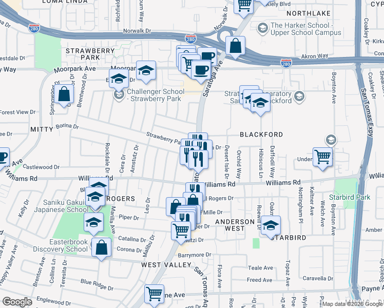 map of restaurants, bars, coffee shops, grocery stores, and more near 965 Saratoga Avenue in San Jose