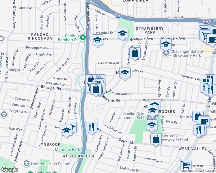 map of restaurants, bars, coffee shops, grocery stores, and more near 5098 Moorpark Avenue in San Jose