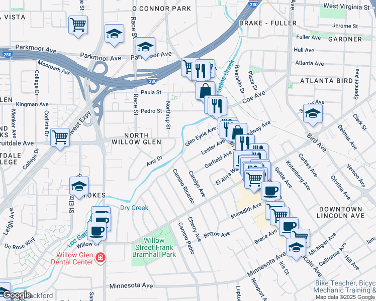 map of restaurants, bars, coffee shops, grocery stores, and more near 108 Glen Eyrie Avenue in San Jose