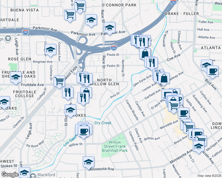 map of restaurants, bars, coffee shops, grocery stores, and more near 1250 Avis Drive in San Jose