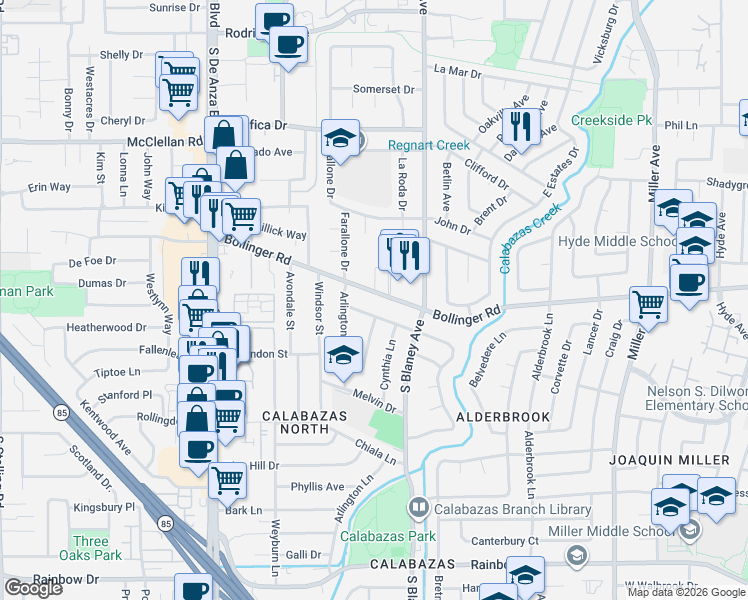 map of restaurants, bars, coffee shops, grocery stores, and more near 6895 Riverside Way in San Jose
