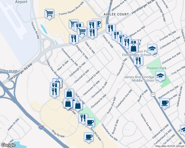 map of restaurants, bars, coffee shops, grocery stores, and more near 2611 Cornell Drive Northwest in Roanoke