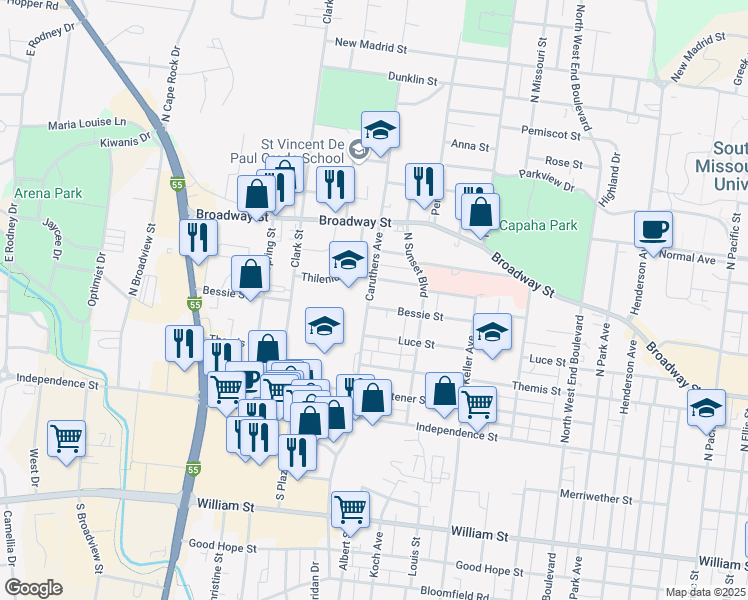 map of restaurants, bars, coffee shops, grocery stores, and more near 1754 Bessie Street in Cape Girardeau