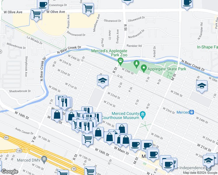map of restaurants, bars, coffee shops, grocery stores, and more near 2218 R Street in Merced
