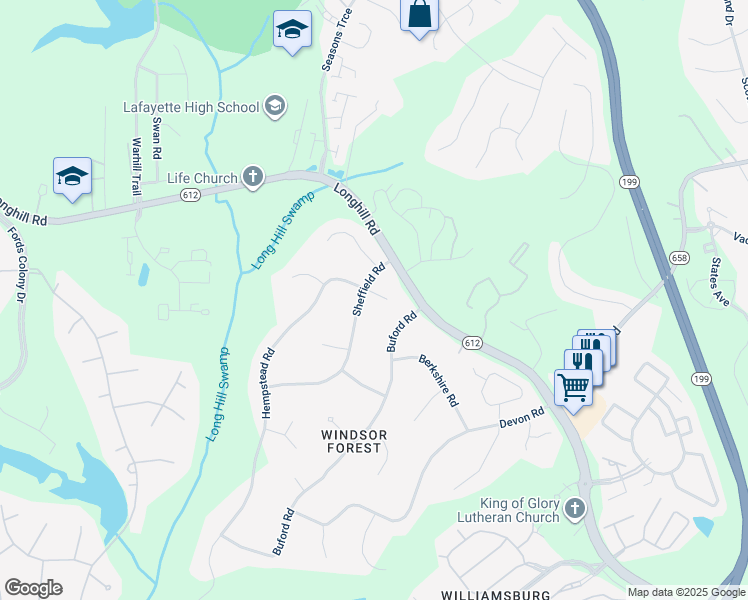 map of restaurants, bars, coffee shops, grocery stores, and more near 101 Sheffield Road in Williamsburg