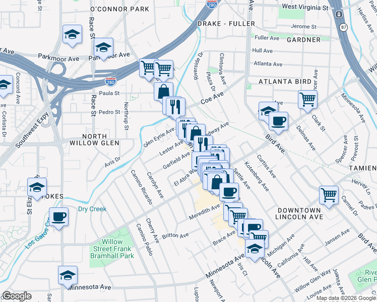 map of restaurants, bars, coffee shops, grocery stores, and more near 1109 Garfield Avenue in San Jose