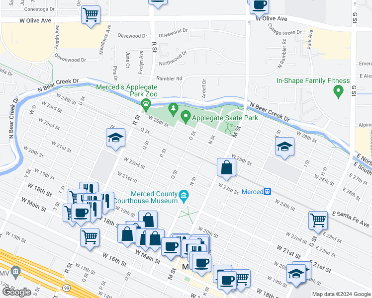 map of restaurants, bars, coffee shops, grocery stores, and more near 639 West Santa Fe Avenue in Merced