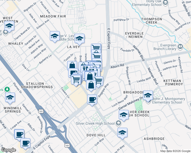 map of restaurants, bars, coffee shops, grocery stores, and more near 1773 East Capitol Expressway in San Jose