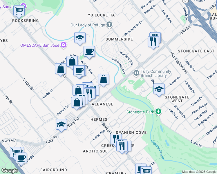 map of restaurants, bars, coffee shops, grocery stores, and more near 2405 La Ragione Avenue in San Jose