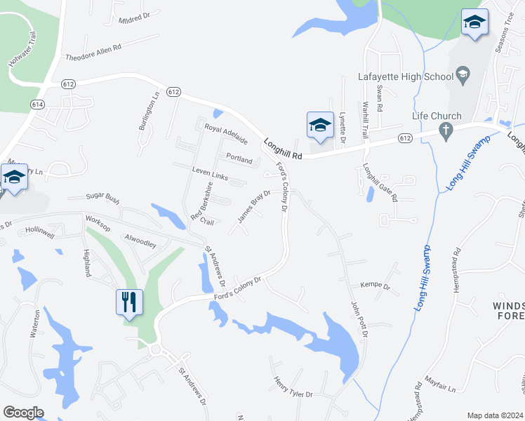 map of restaurants, bars, coffee shops, grocery stores, and more near 3 Thorpe Court in Williamsburg