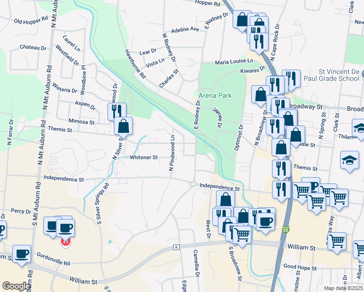 map of restaurants, bars, coffee shops, grocery stores, and more near 123 Hazel Street in Cape Girardeau