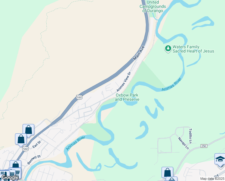 map of restaurants, bars, coffee shops, grocery stores, and more near 601 Animas View Drive in Durango