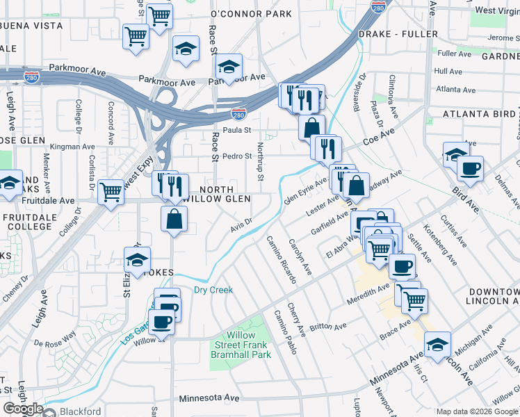map of restaurants, bars, coffee shops, grocery stores, and more near 1196 Fruitdale Avenue in San Jose
