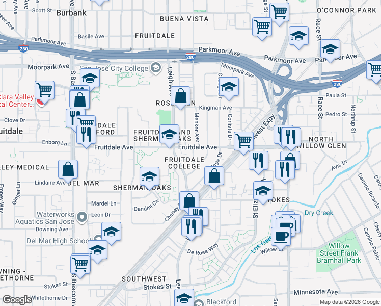 map of restaurants, bars, coffee shops, grocery stores, and more near 889 Menker Avenue in San Jose