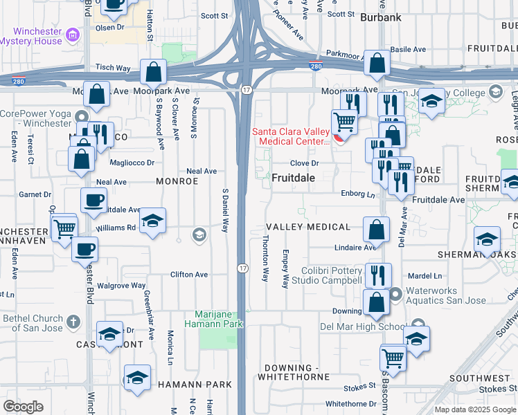 map of restaurants, bars, coffee shops, grocery stores, and more near 1151 Yarwood Court in San Jose