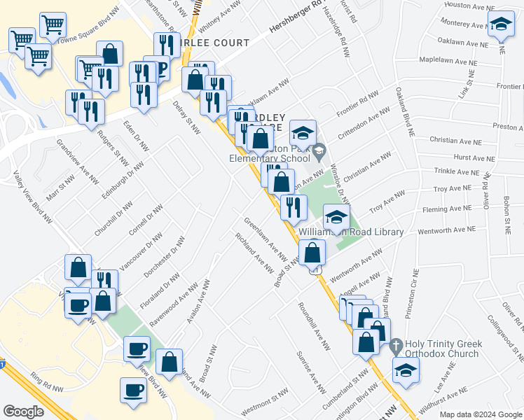 map of restaurants, bars, coffee shops, grocery stores, and more near 4303 Delray Street Northwest in Roanoke