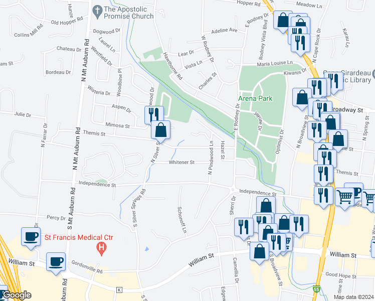 map of restaurants, bars, coffee shops, grocery stores, and more near 2839 Hemlock Court in Cape Girardeau