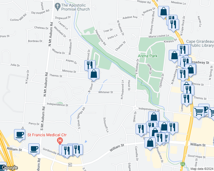 map of restaurants, bars, coffee shops, grocery stores, and more near 2963 Shamrock Court in Cape Girardeau