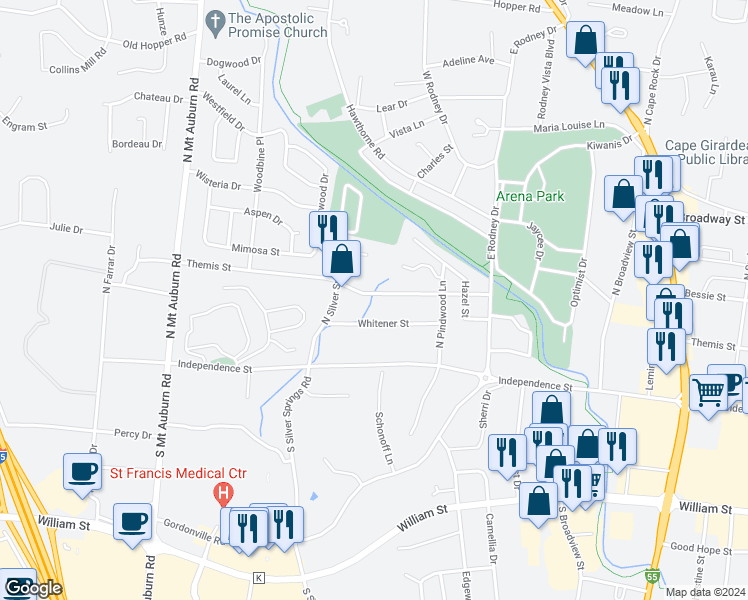 map of restaurants, bars, coffee shops, grocery stores, and more near 2963 Shamrock Court in Cape Girardeau