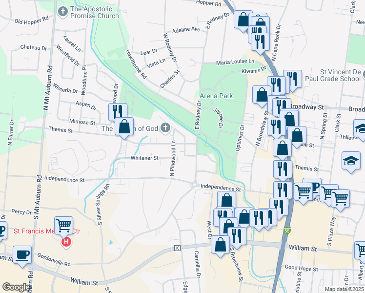 map of restaurants, bars, coffee shops, grocery stores, and more near 125 Hazel Street in Cape Girardeau