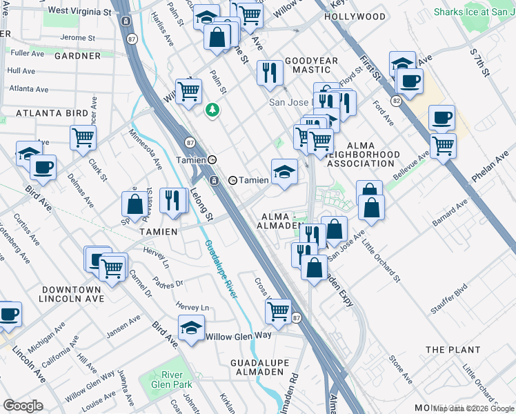 map of restaurants, bars, coffee shops, grocery stores, and more near 1375 Lick Avenue in San Jose