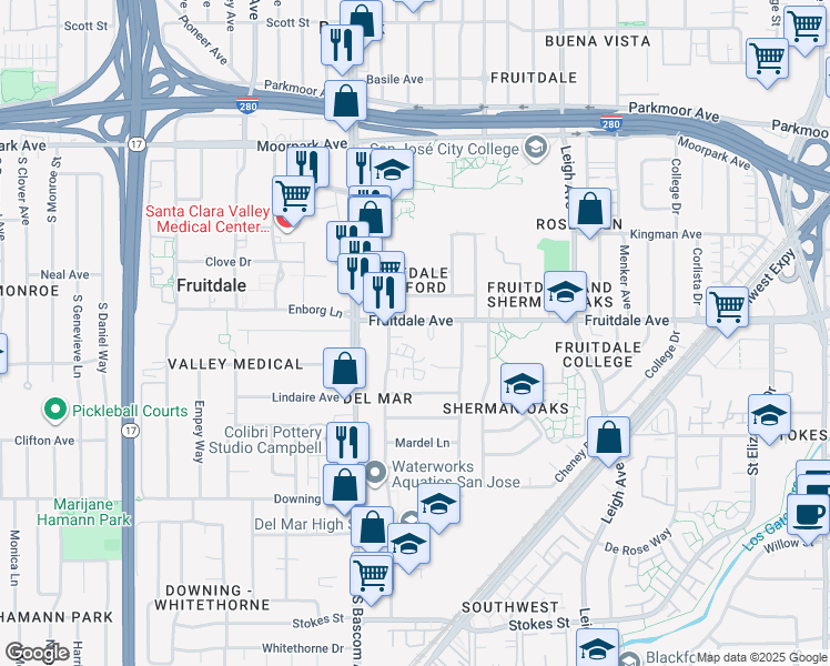 map of restaurants, bars, coffee shops, grocery stores, and more near 2080 Fruitdale Avenue in San Jose