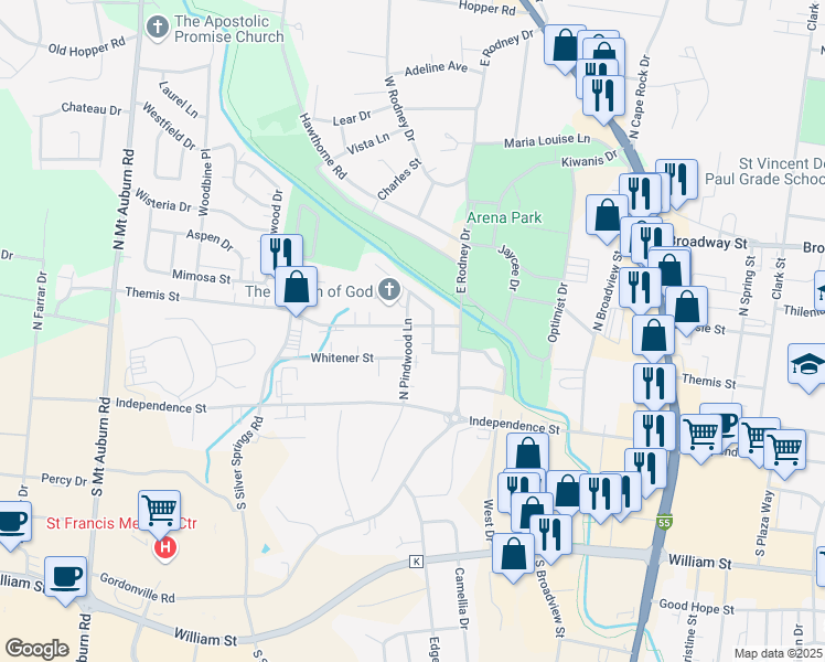 map of restaurants, bars, coffee shops, grocery stores, and more near 2723 Themis Street in Cape Girardeau