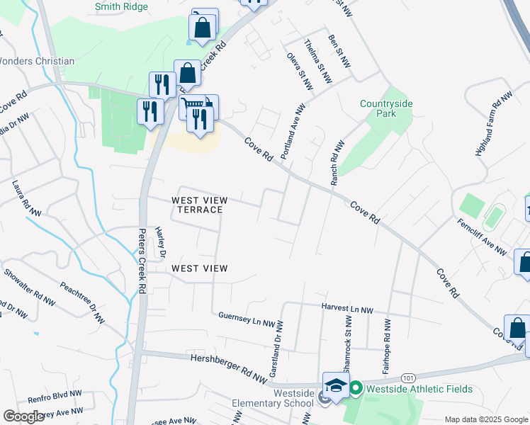 map of restaurants, bars, coffee shops, grocery stores, and more near 2104 Temple Drive Northwest in Roanoke