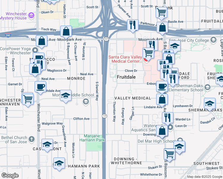 map of restaurants, bars, coffee shops, grocery stores, and more near 917 Thornton Way in San Jose