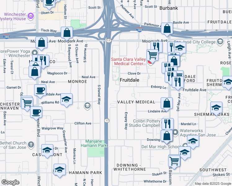 map of restaurants, bars, coffee shops, grocery stores, and more near 917 Thornton Way in San Jose