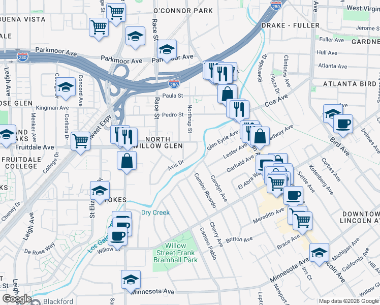 map of restaurants, bars, coffee shops, grocery stores, and more near 1196 Fruitdale Avenue in San Jose