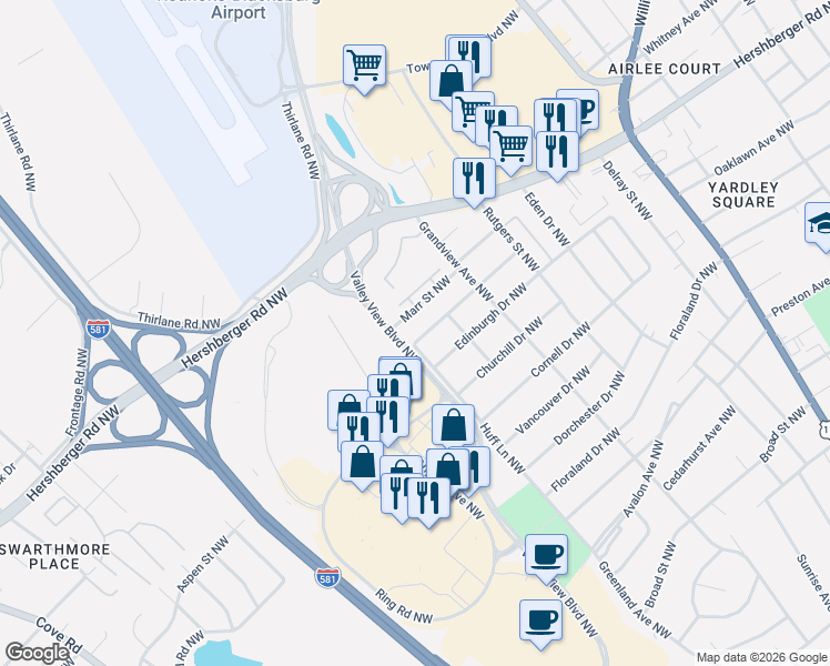 map of restaurants, bars, coffee shops, grocery stores, and more near 2423 Marr Street Northwest in Roanoke