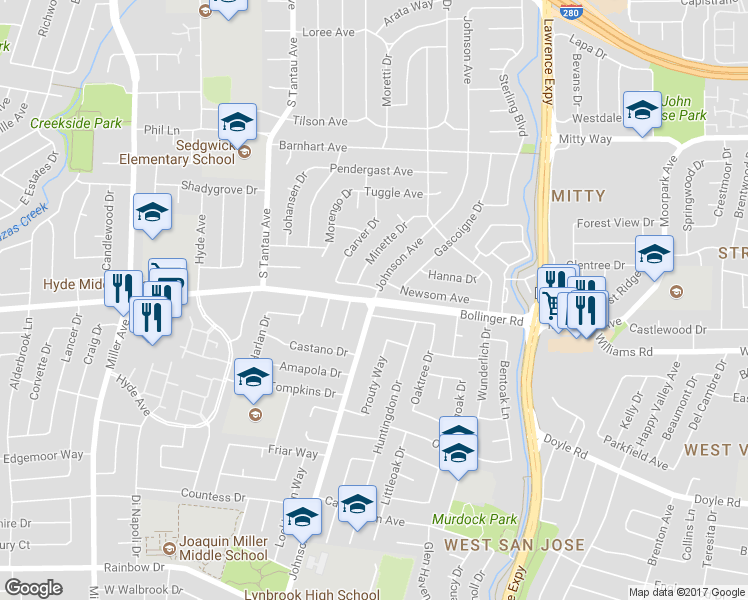 map of restaurants, bars, coffee shops, grocery stores, and more near Bollinger Road & Johnson Avenue in Cupertino